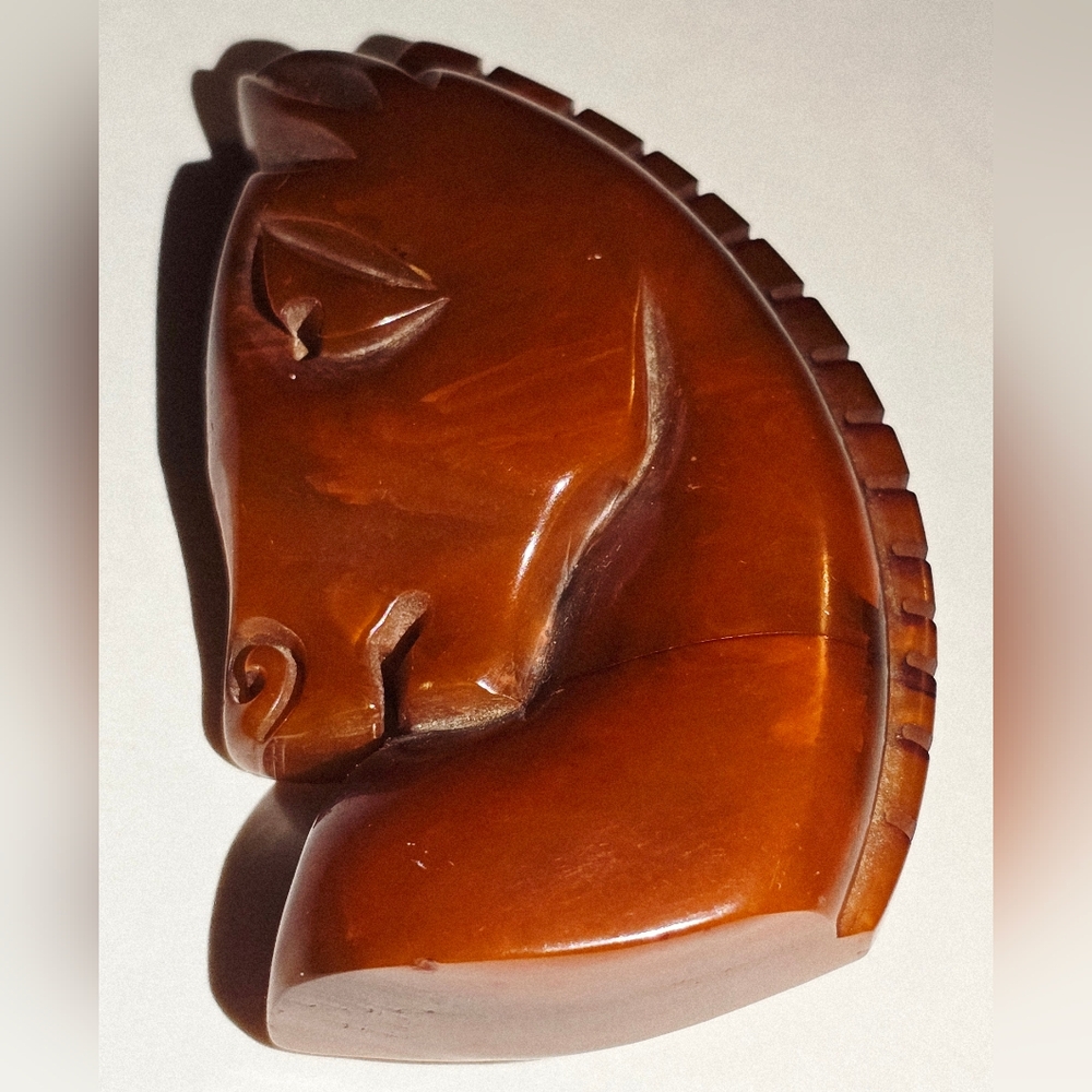 vintage carved bakelite horse head Pony brooch Derby 30s 40s art deco sweater